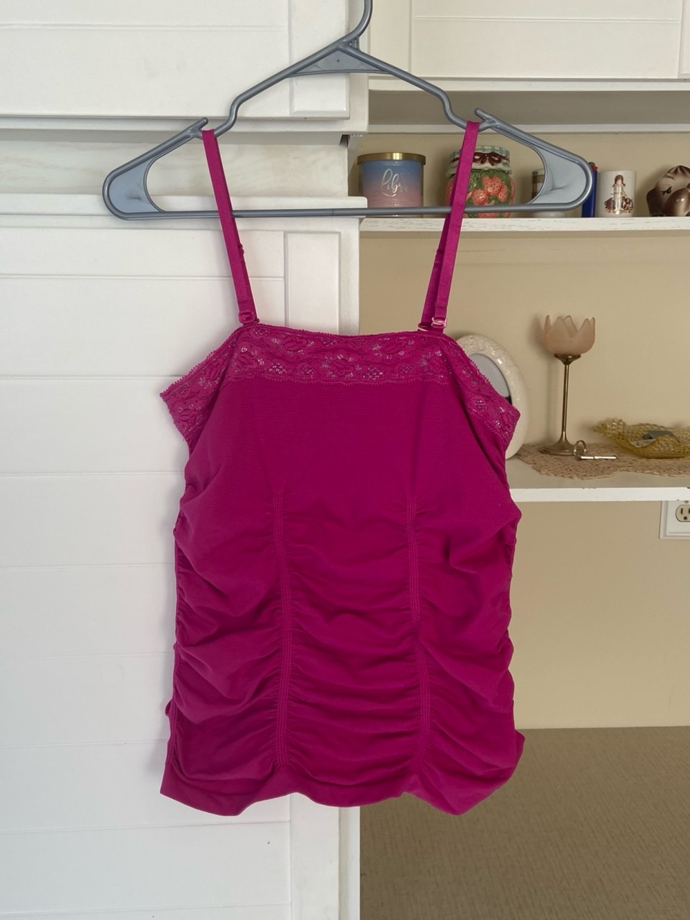 Y2K Pink lace tank top with ruched detailing